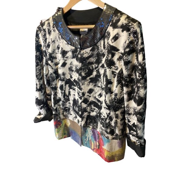 Chico's Geisha Girl Black White Sequined Neckline Colorful Sequin Hem Jacket - Picture 3 of 11
